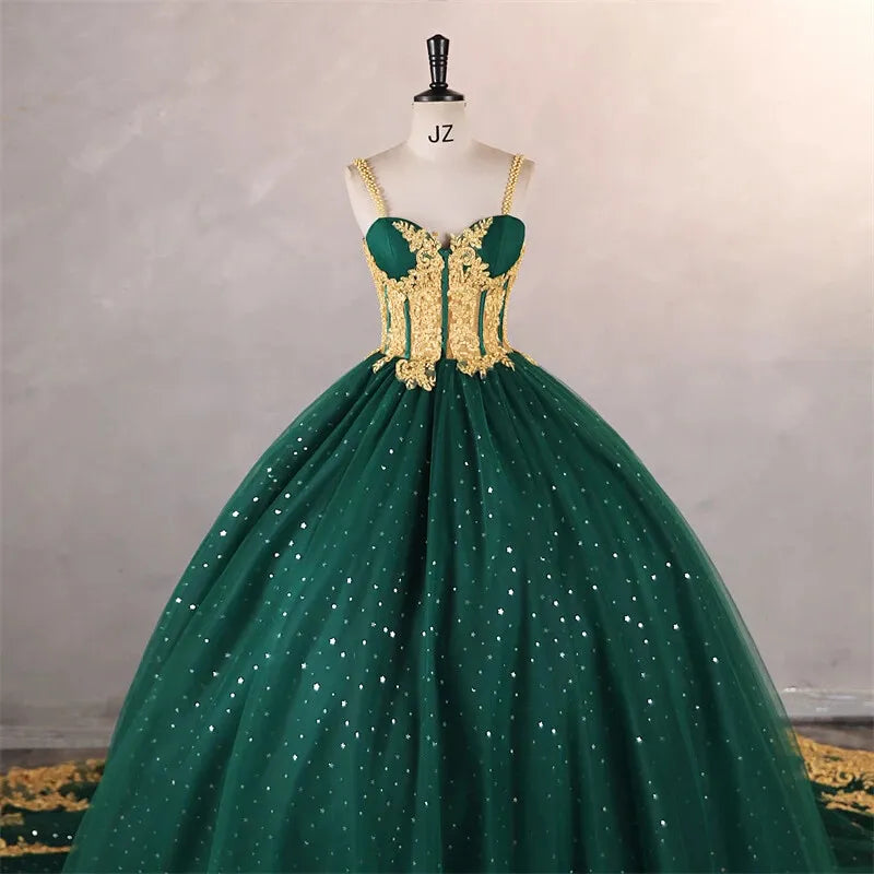 Sparkly Corset Emerald Green Quinceanera 15 Dresses Gold Appliques Ball Gown