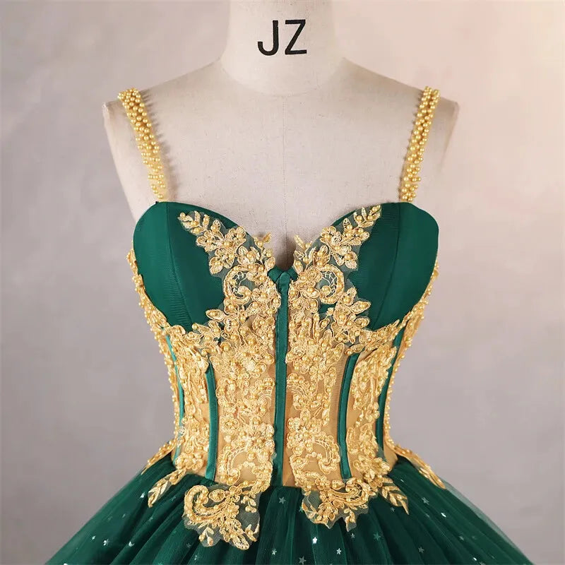 Sparkly Corset Emerald Green Quinceanera 15 Dresses Gold Appliques Ball Gown
