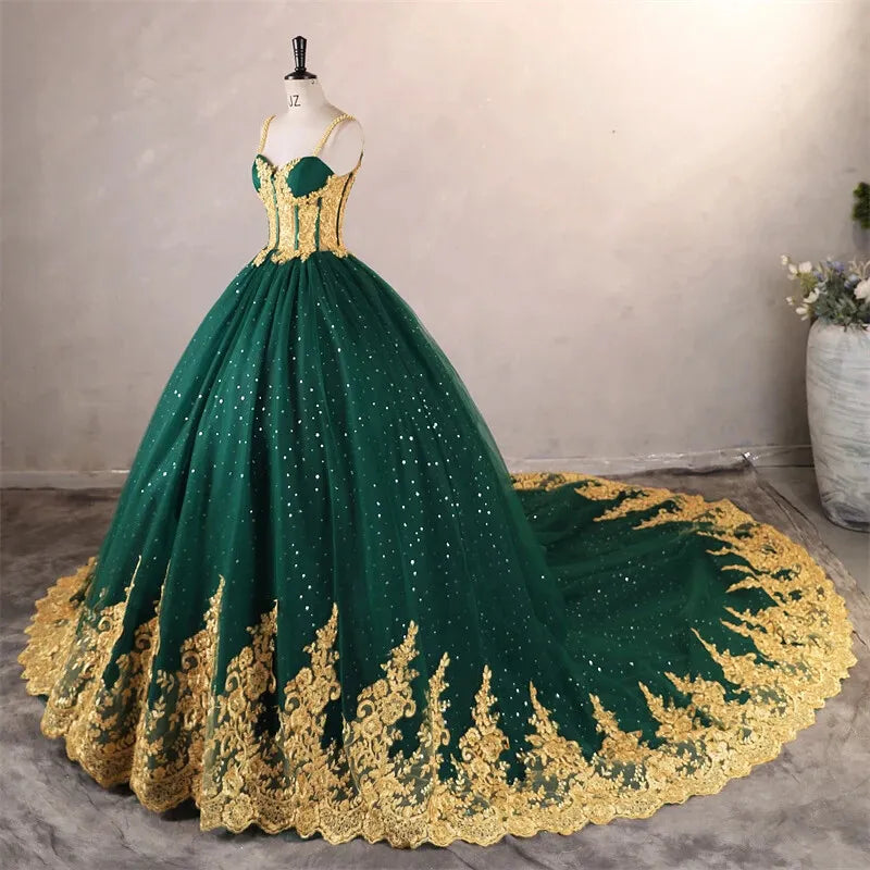 Sparkly Corset Emerald Green Quinceanera 15 Dresses Gold Appliques Ball Gown