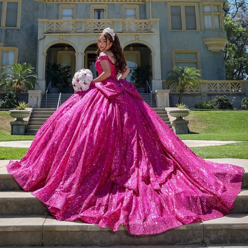 Sparkly Hot Pink Quinceanera Dresses Off-the-shoulder Applique with Bow