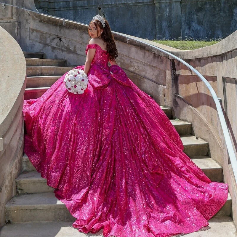 Sparkly Hot Pink Quinceanera Dresses Off-the-shoulder Applique with Bow