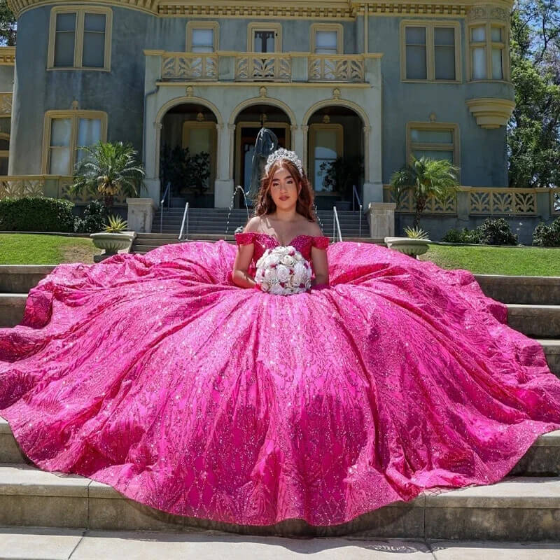 Sparkly Hot Pink Quinceanera Dresses Off-the-shoulder Applique with Bow