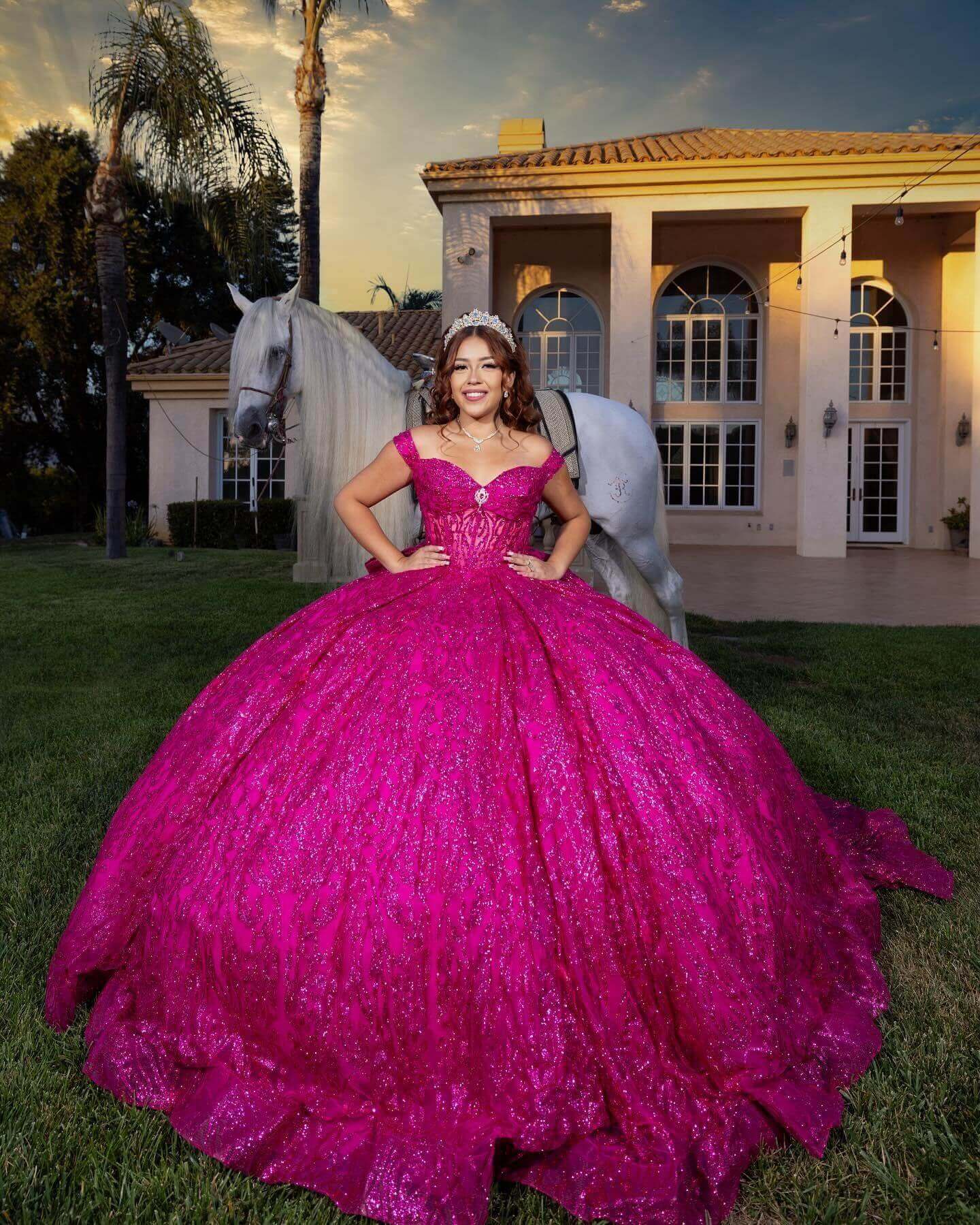 Sparkly Hot Pink Quinceanera Dresses Off-the-shoulder Applique with Bow