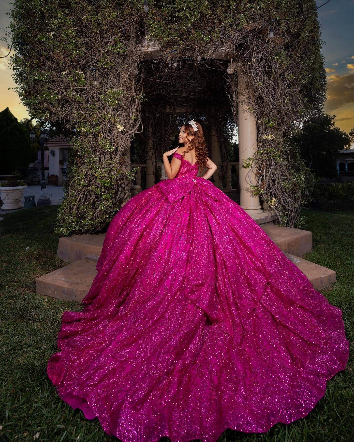 Sparkly Hot Pink Quinceanera Dresses Off-the-shoulder Applique with Bow
