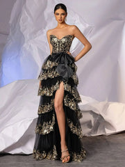 black and gold evening gown with floral embroidery