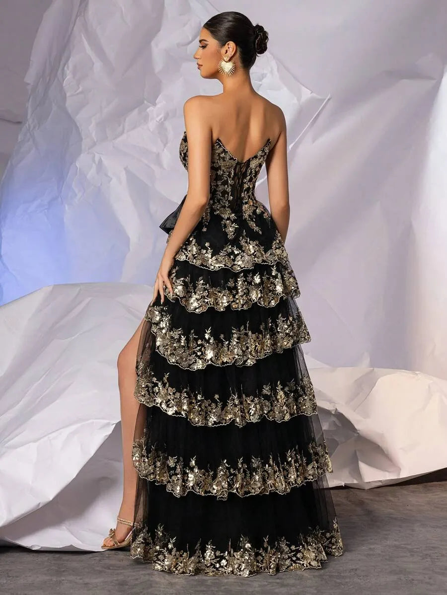 Sparkly Junior Prom Dresses Tiered Layer Sequin Applique with Big Bowknot