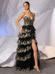 black gold Junior Prom Dresses Tiered Layer Sequin Applique with Big Bowknot