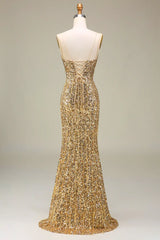 Gold sequin evening gown Sparkly Long Prom Dress Mermaid with Slit
