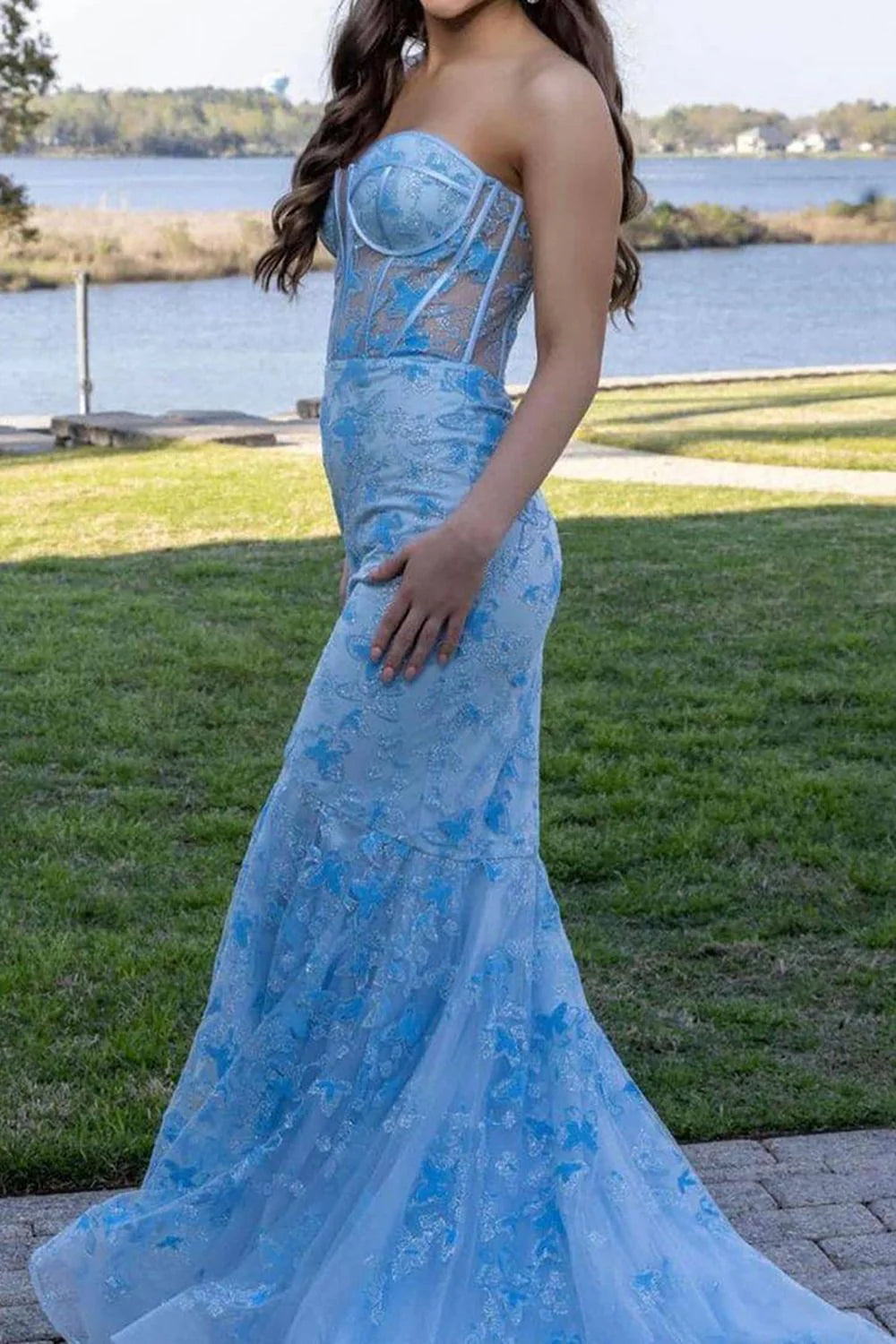 Sparkly Mermaid blue Lace Prom Dress Sweetheart Long evening dress