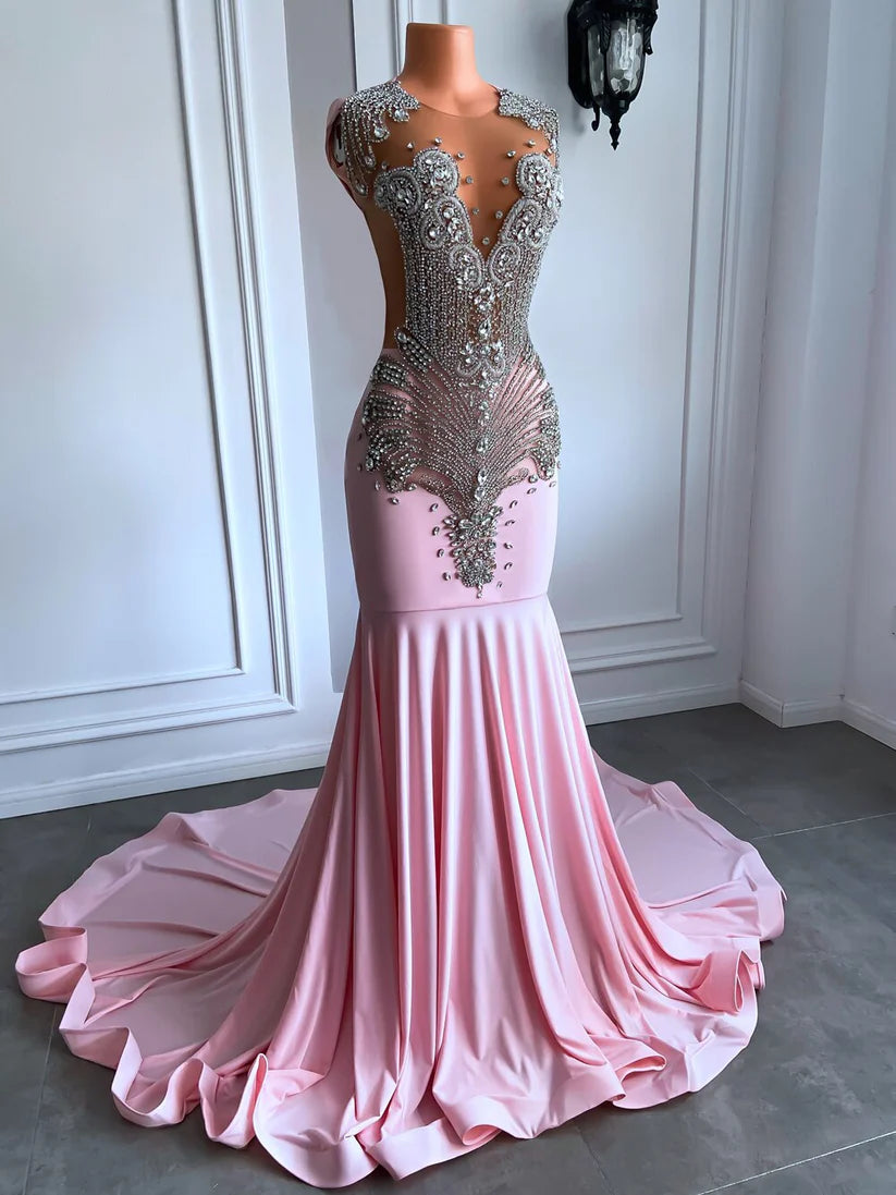 Sparkly Pink Prom Dresses Luxury Diamond for Black Girls Mychicdress