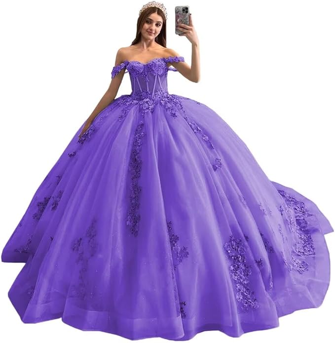 Sparkly Puffy purple  Sweet 16 Quinceanera Dresses Lace Beaded 3D Floral Mychicdress