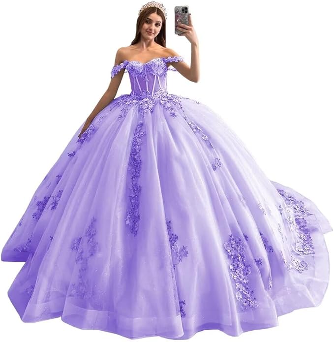 Sparkly Puffy lilac Sweet 16 Quinceanera Dresses Lace Beaded 3D Floral Mychicdress