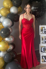 Sparkly red Prom Dresses Sequin Satin Pleated Formal Gown