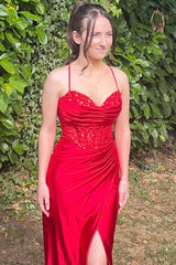 Sparkly red Prom Dresses Sequin Satin Pleated Formal Gown
