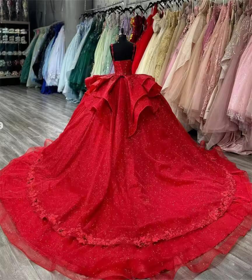Sparkly Red Tiered Ruffles Quinceanera Dresses Sequin Lace Vestidos De 15