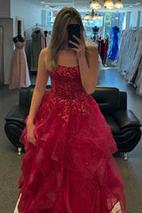 Sparkly Ruffles Organza Fuchsia Prom Dress Appliques