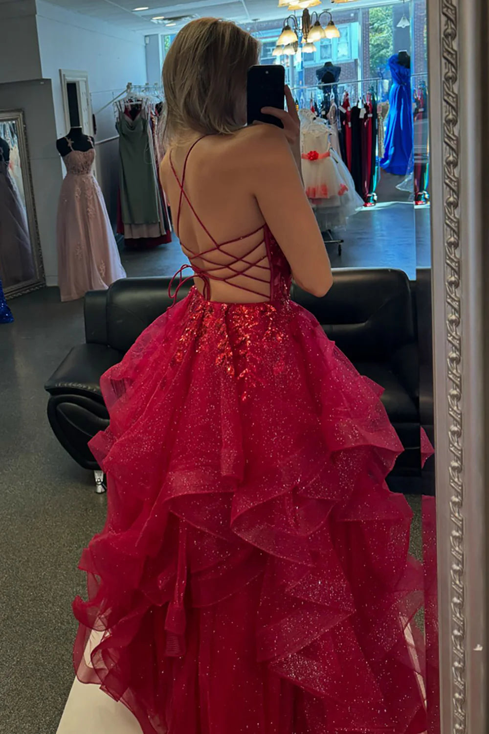 Sparkly Ruffles Organza Fuchsia Prom Dress Appliques