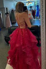 Sparkly Ruffles Organza Fuchsia Prom Dress Appliques