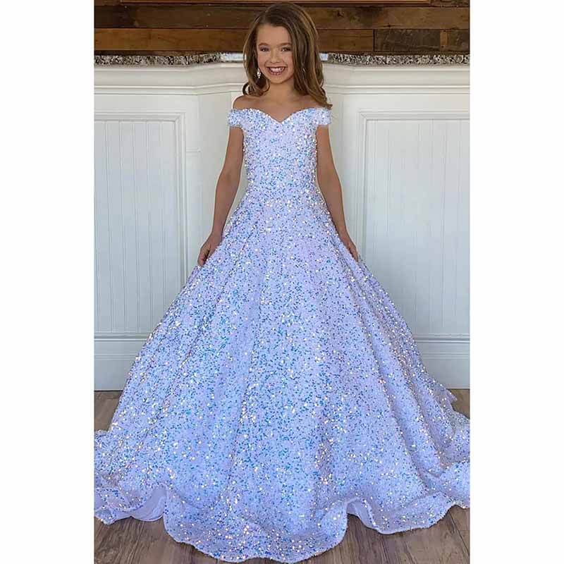Sparkly Sequin Royal Blue Flower Girl Dresses Pageant Kids Dress off Shoulder