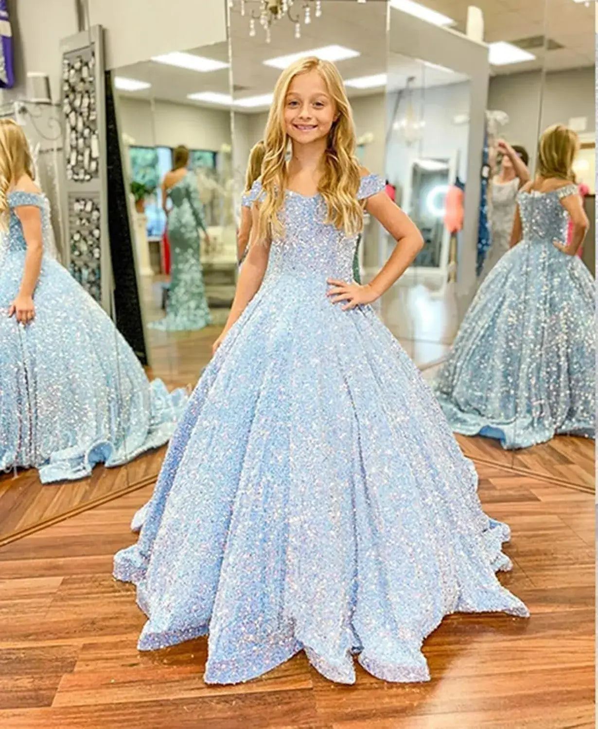Sparkly Sequin Royal Blue Flower Girl Dresses Pageant Kids Dress off Shoulder