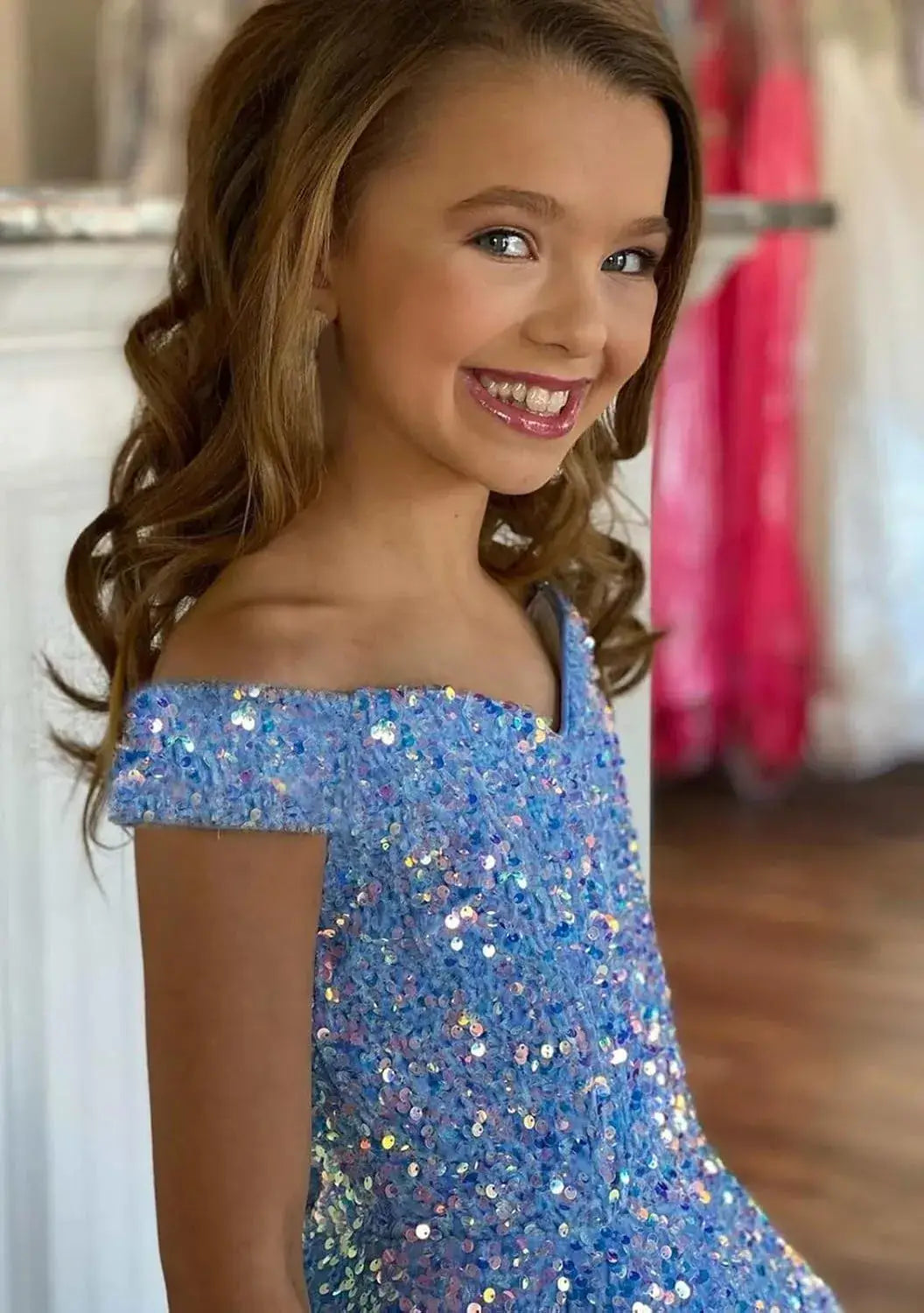 Sparkly Sequin Royal Blue Flower Girl Dresses Pageant Kids Dress off Shoulder