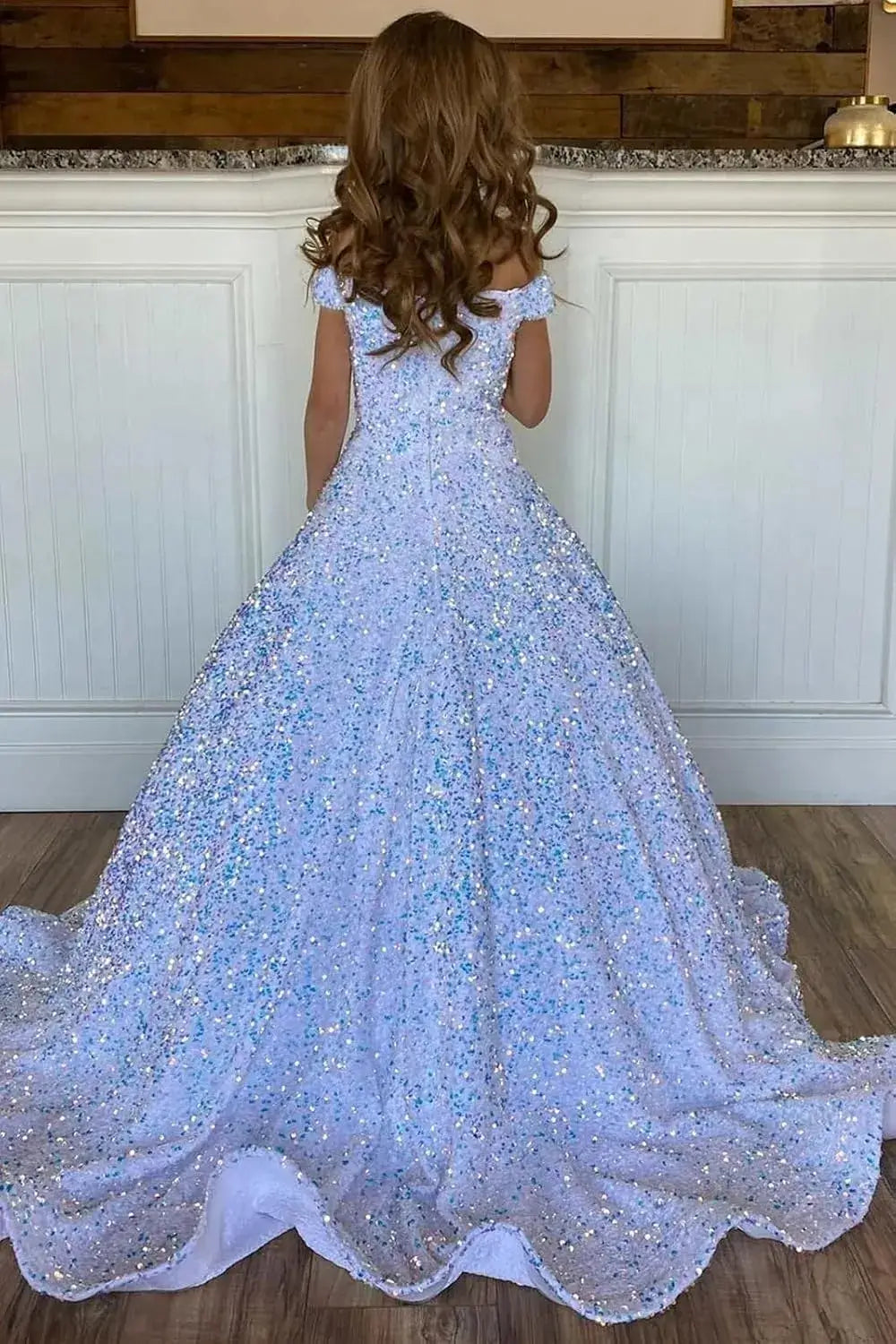Sparkly Sequin Royal Blue Flower Girl Dresses Pageant Kids Dress off Shoulder