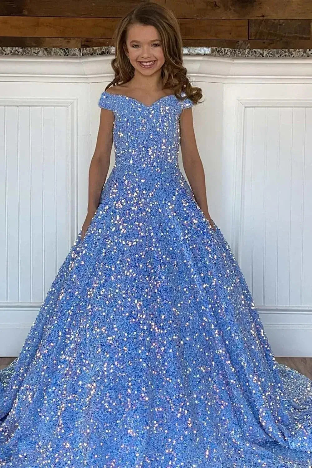 Sparkly Sequin Royal Blue Flower Girl Dresses Pageant Kids Dress off Shoulder