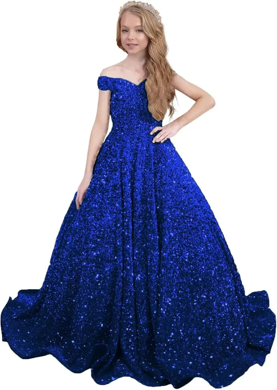 Sparkly Sequin Royal Blue Flower Girl Dresses Pageant Kids Dress off Shoulder