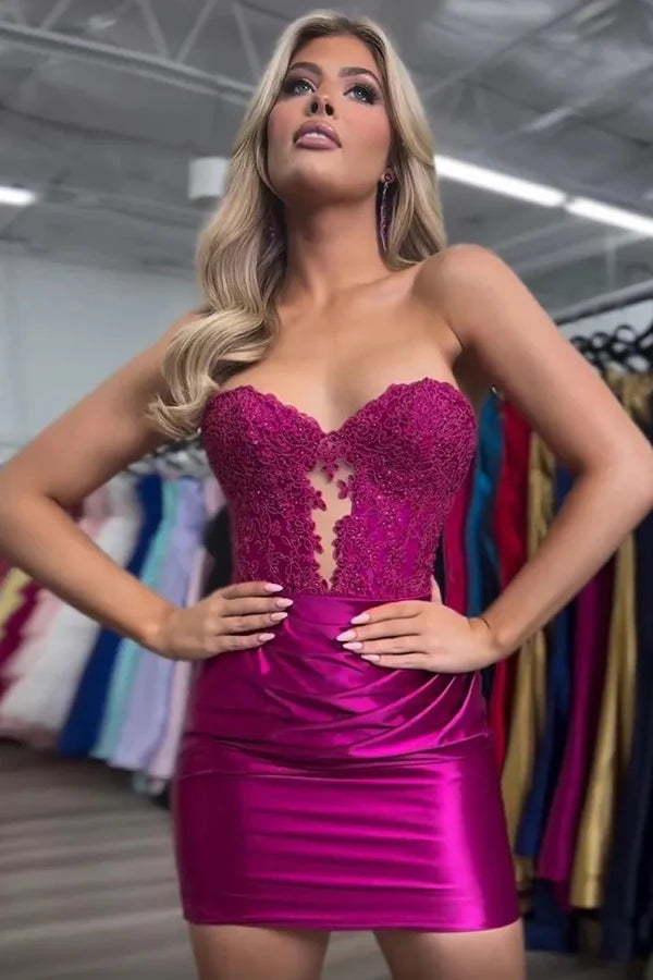 Sparkly Strapless fuchsia Homecoming Dress with Lace Beaded