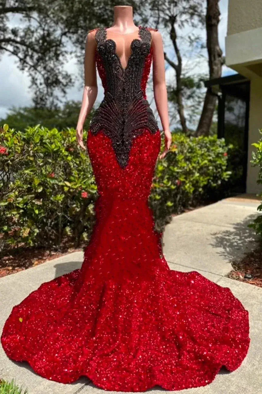 Red beaded evening gown