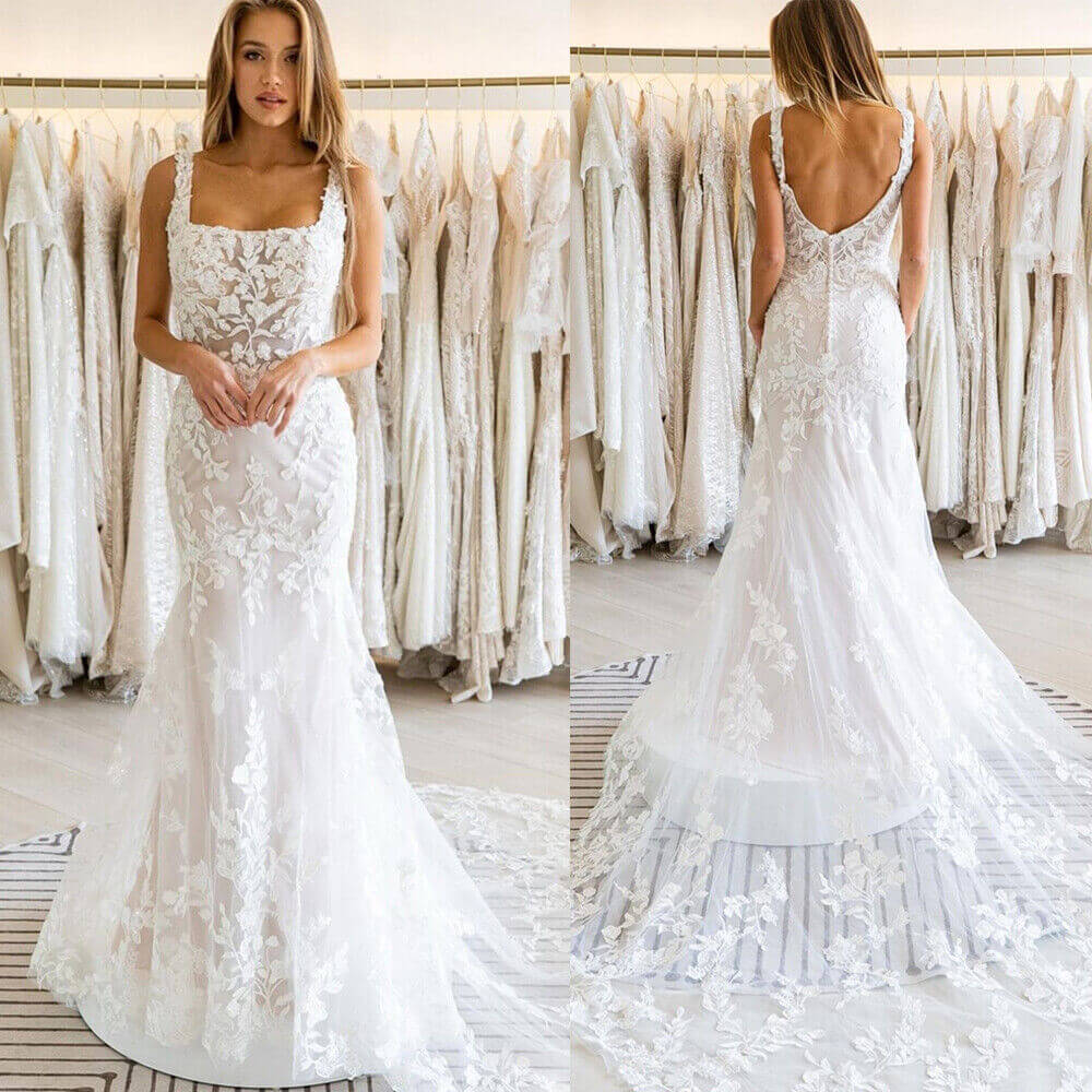 Square Neck Lace Wedding Dresses Mermaid Backless