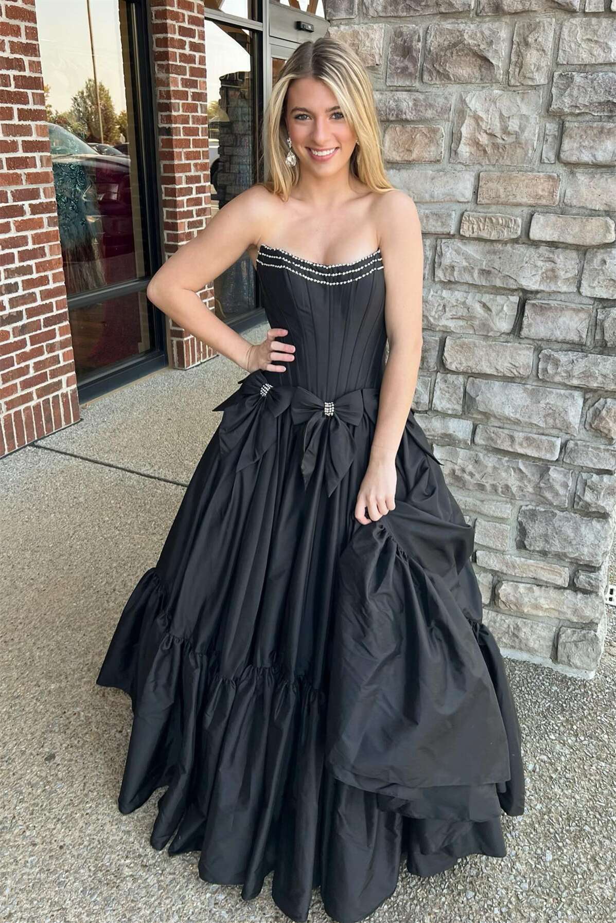 Strapless Black A-line Prom Dress Beaded Satin Formal Wear with Bow
