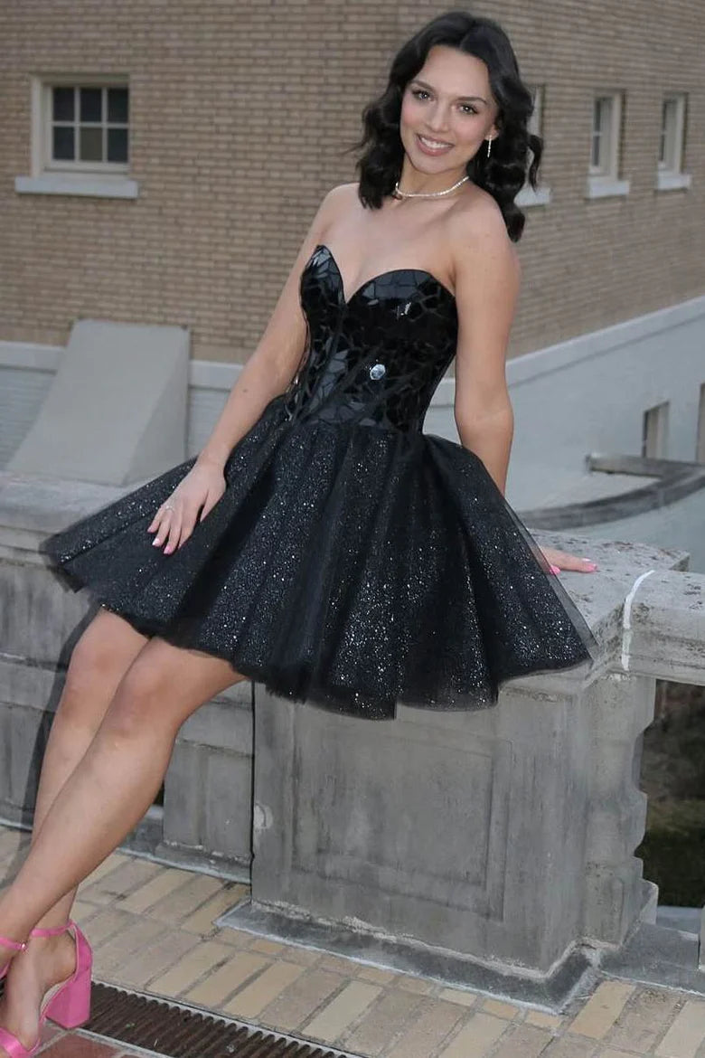 Strapless Black Short Homecoming Dress Mirror-Cut Sequins Mychicdress