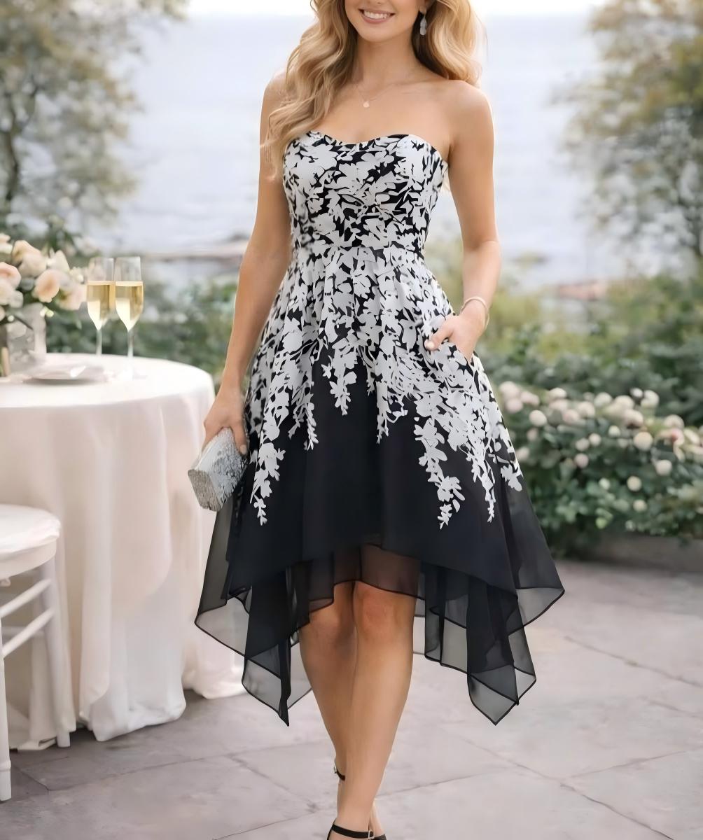 Strapless Black White Handkerchief Dresses for Homecoming 2026