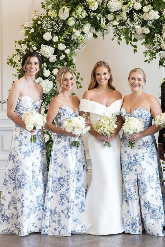 Strapless Blue Floral Bridesmaid Dress Printed Sleeveless with Slit Mychicdress