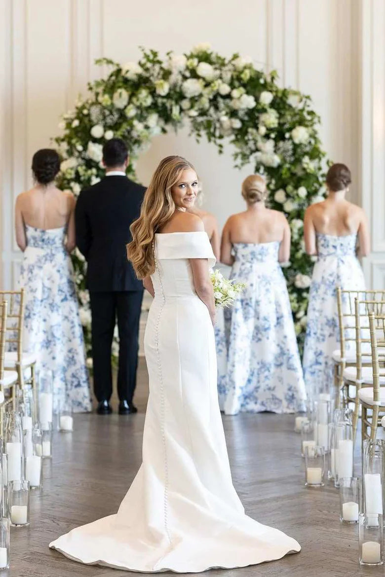 Strapless Blue Floral Bridesmaid Dress Printed Sleeveless with Slit Mychicdress