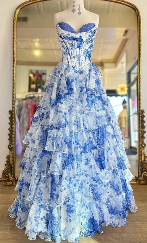 Strapless Blue Floral Print Prom Dress Chiffon Long with Ruffle Skirt Mychicdress