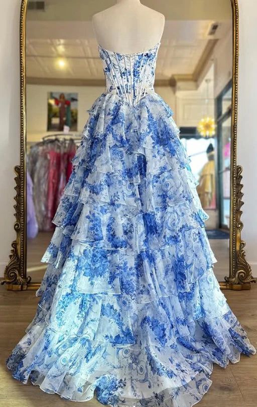 Strapless Blue Floral Print Prom Dress Chiffon Long with Ruffle Skirt Mychicdress