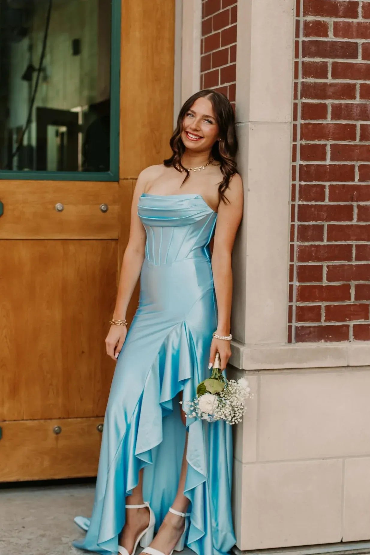 Strapless Royal Blue Prom Dresses Ruffled Evening Gown with Slit