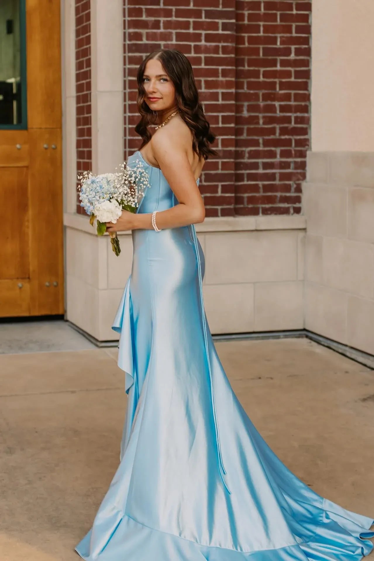Strapless Royal Blue Prom Dresses Ruffled Evening Gown with Slit