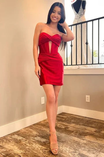 Strapless Bodycon red Homecoming Dress Satin Sleeveless Keyhole