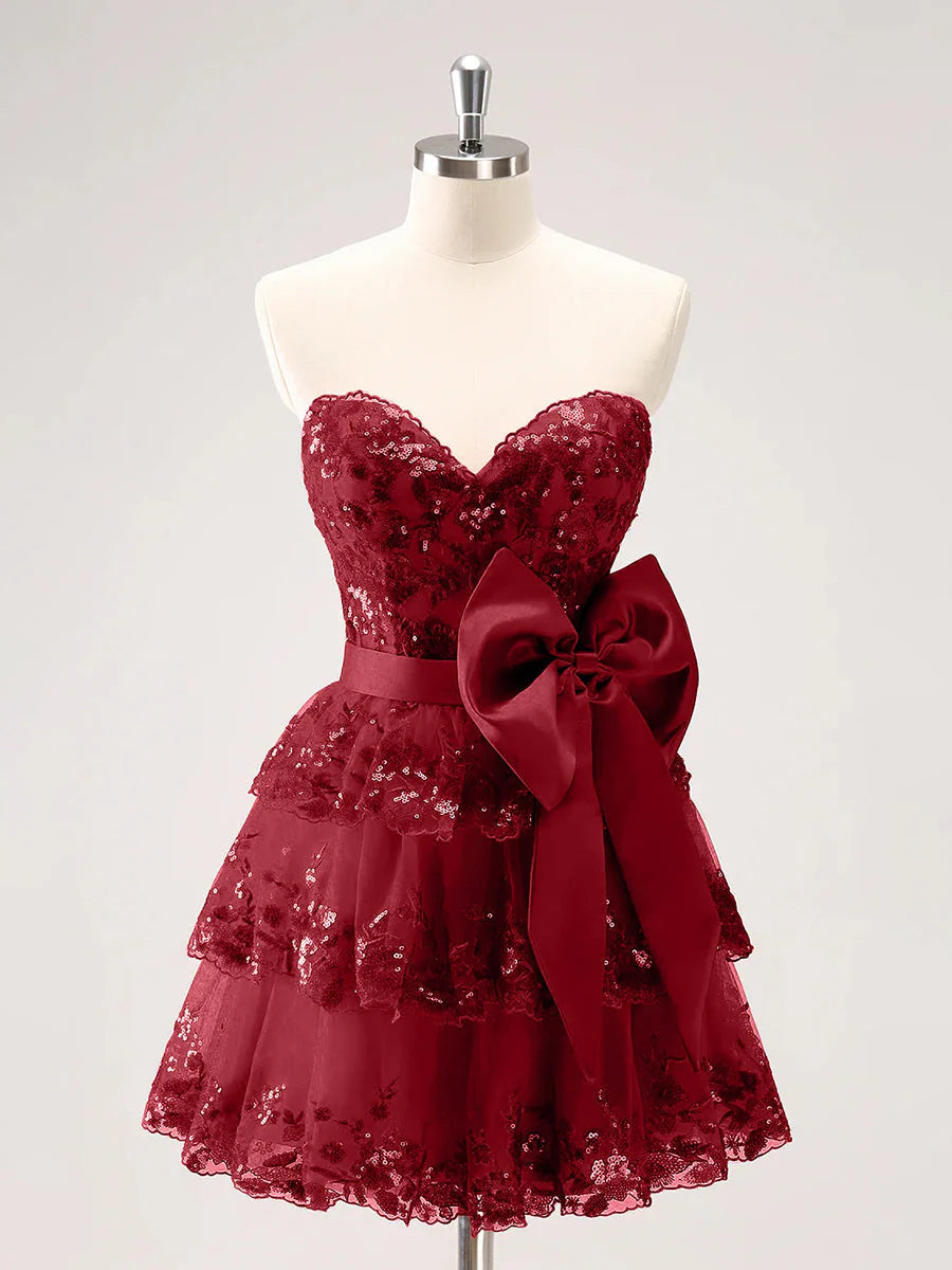 Strapless Red Corset Homecoming Dress with Bow