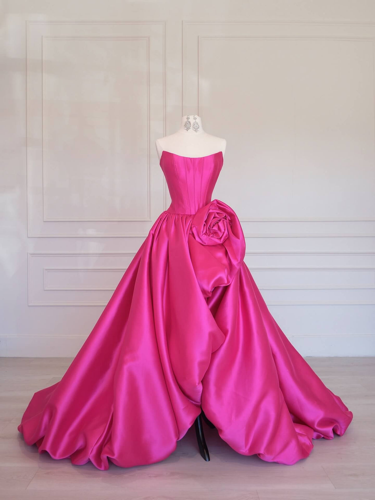 A-line Strapless Corset Hot Pink Prom Gown with Handmade Flower