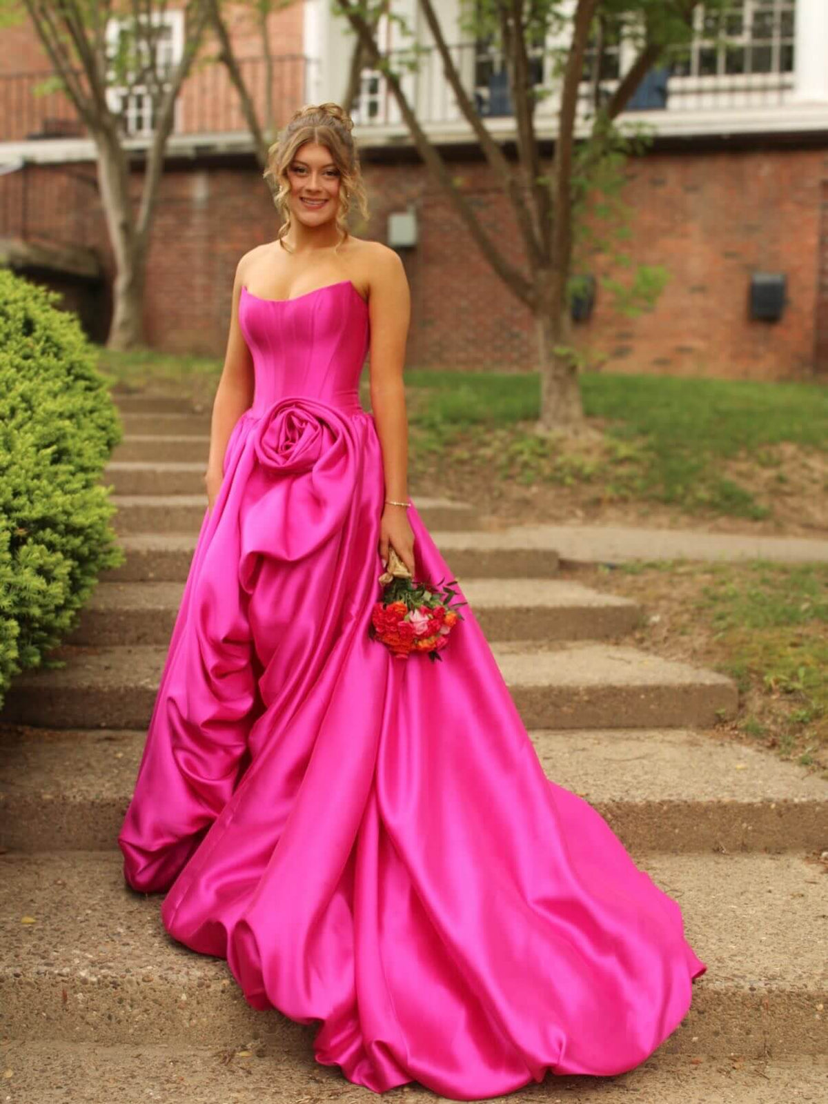 A-line Strapless Corset Hot Pink Prom Gown with Handmade Flower