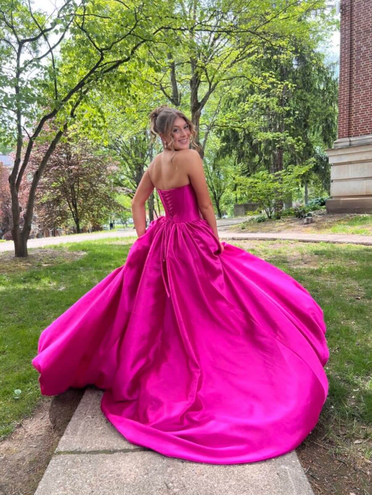 A-line Strapless Corset Hot Pink Prom Gown with Handmade Flower