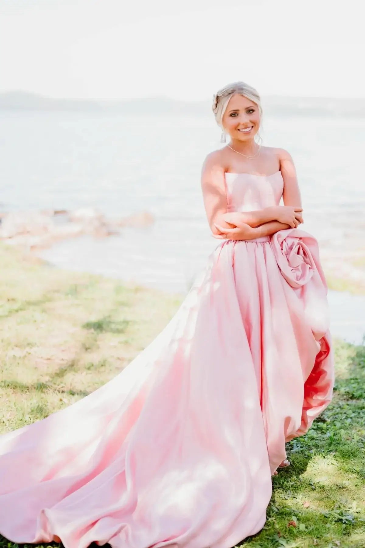 A-line Strapless Corset Hot Pink Prom Gown with Handmade Flower