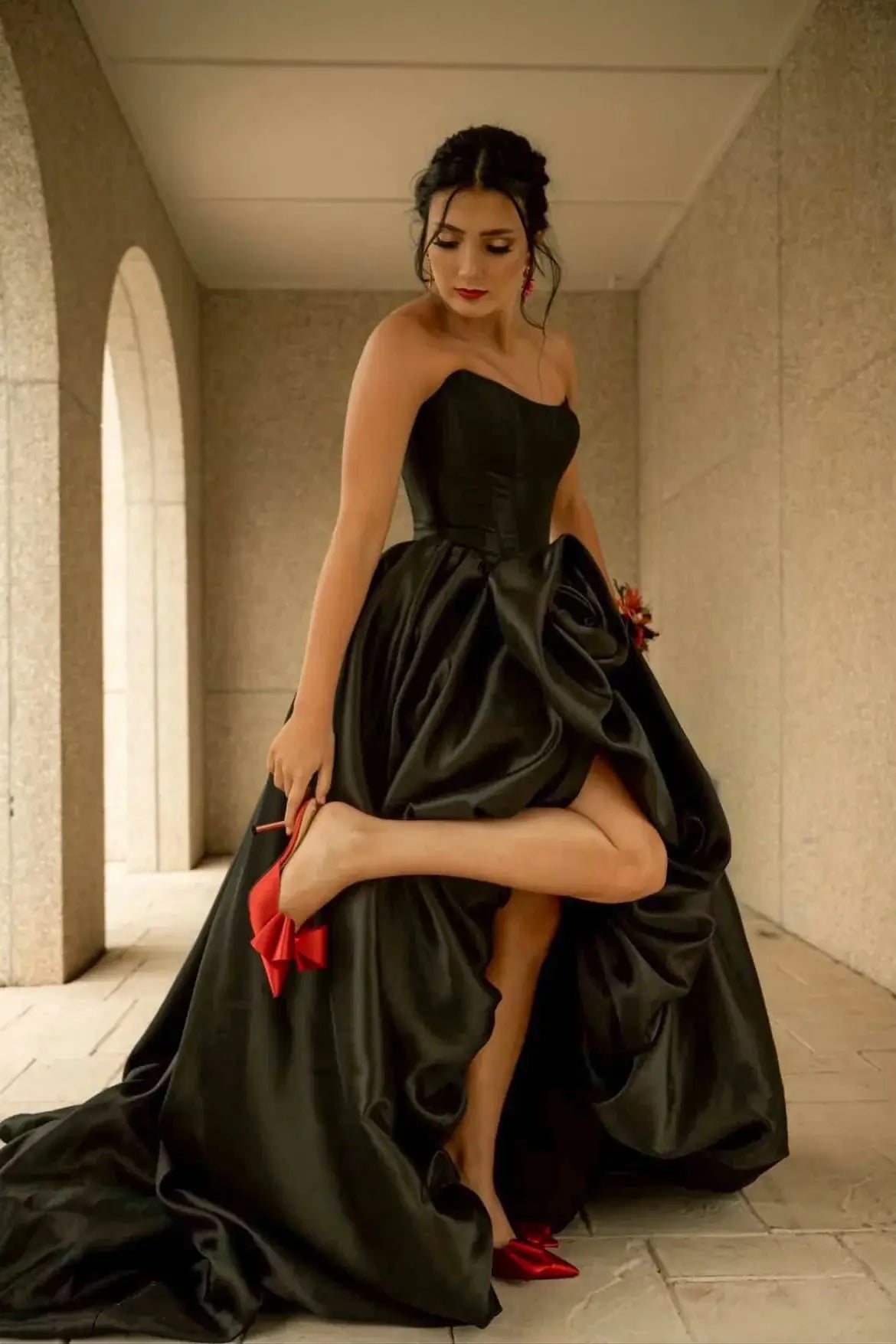 A-line Strapless Corset Hot Pink Prom Gown with Handmade Flower