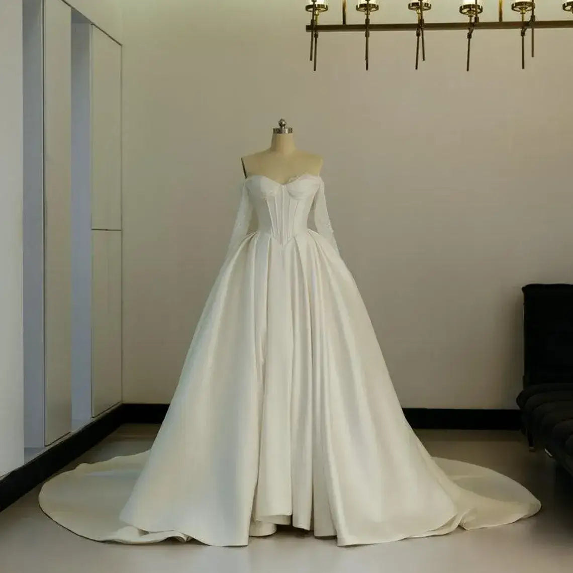 Strapless Corset Satin Wedding Dresses with Detachable Sleeves