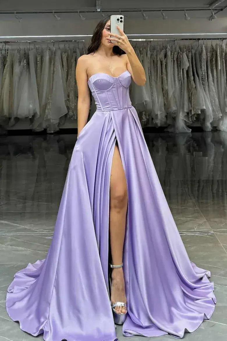 strapless lavender evening gown with a high slit