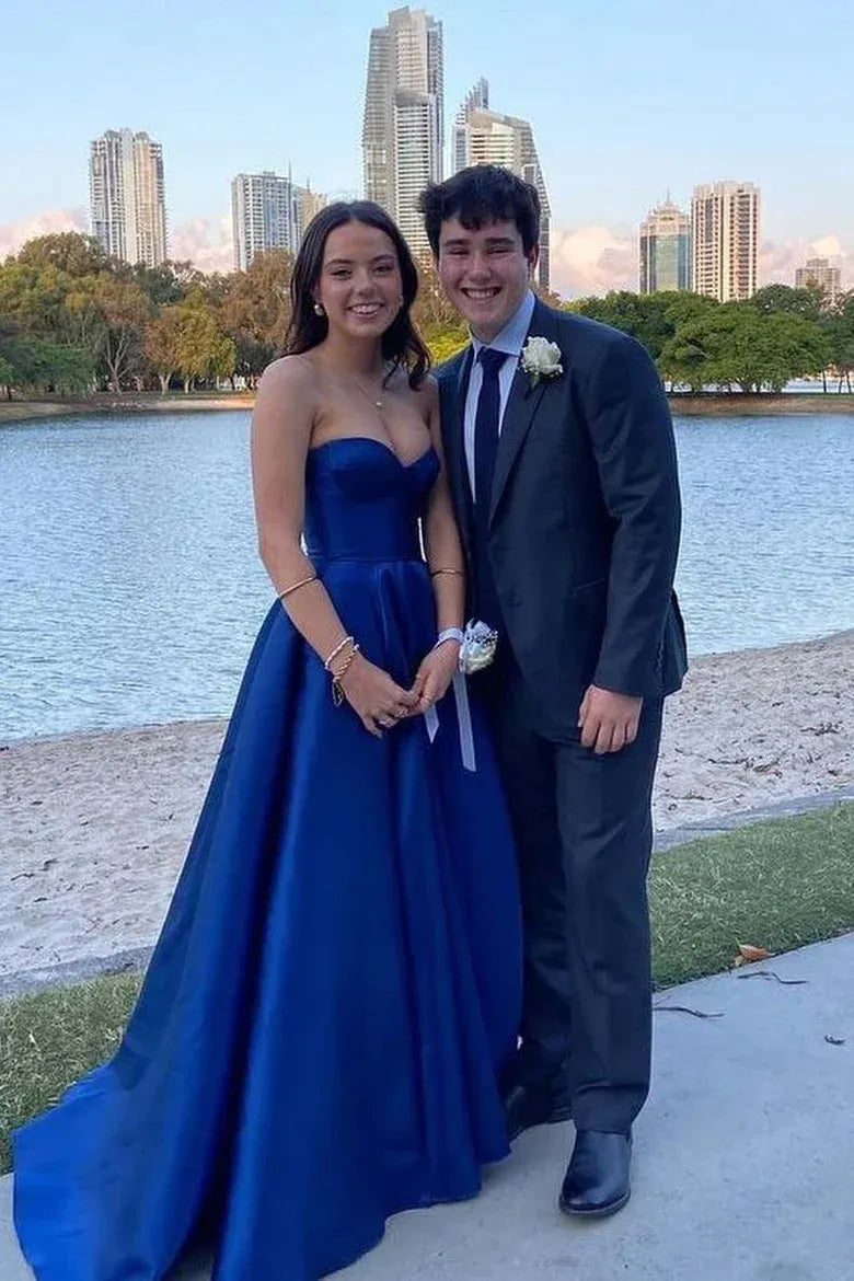 Strapless Empire-Waist Prom Dress navy blue Long Evening Dress Sleeveless